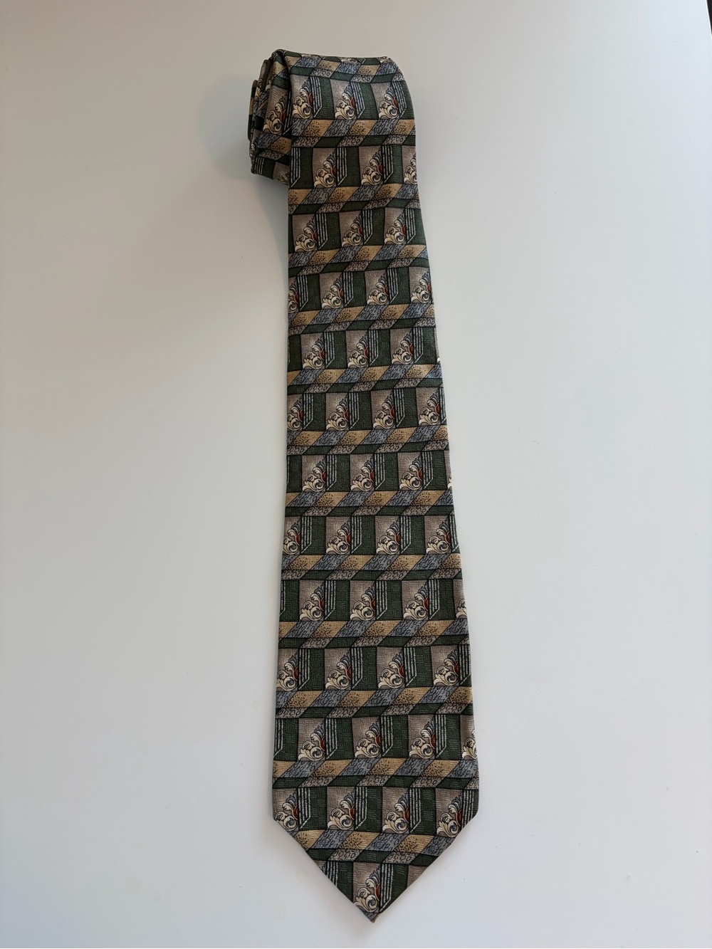 Christian Dior Monsieur Vintage Silk Tie 4" Green Gold Geometric Baroque Print